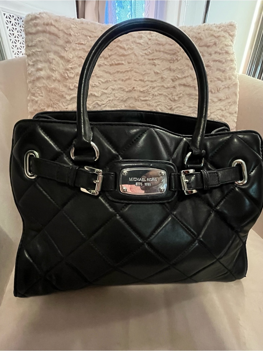 Michael Kors Black Quilted Satchel with Silver Plaque